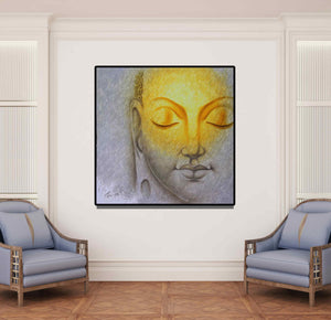 Preview of 'Buddha 2 (Buddha Golden Enlightenment)' Painting by Prince Chand shown on a wall in a furnished room.