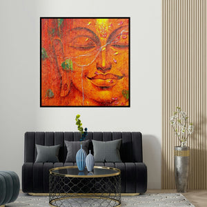 Pradeep Kumar's 'Buddha 2' painting visualized above a sofa in a contemporary room.