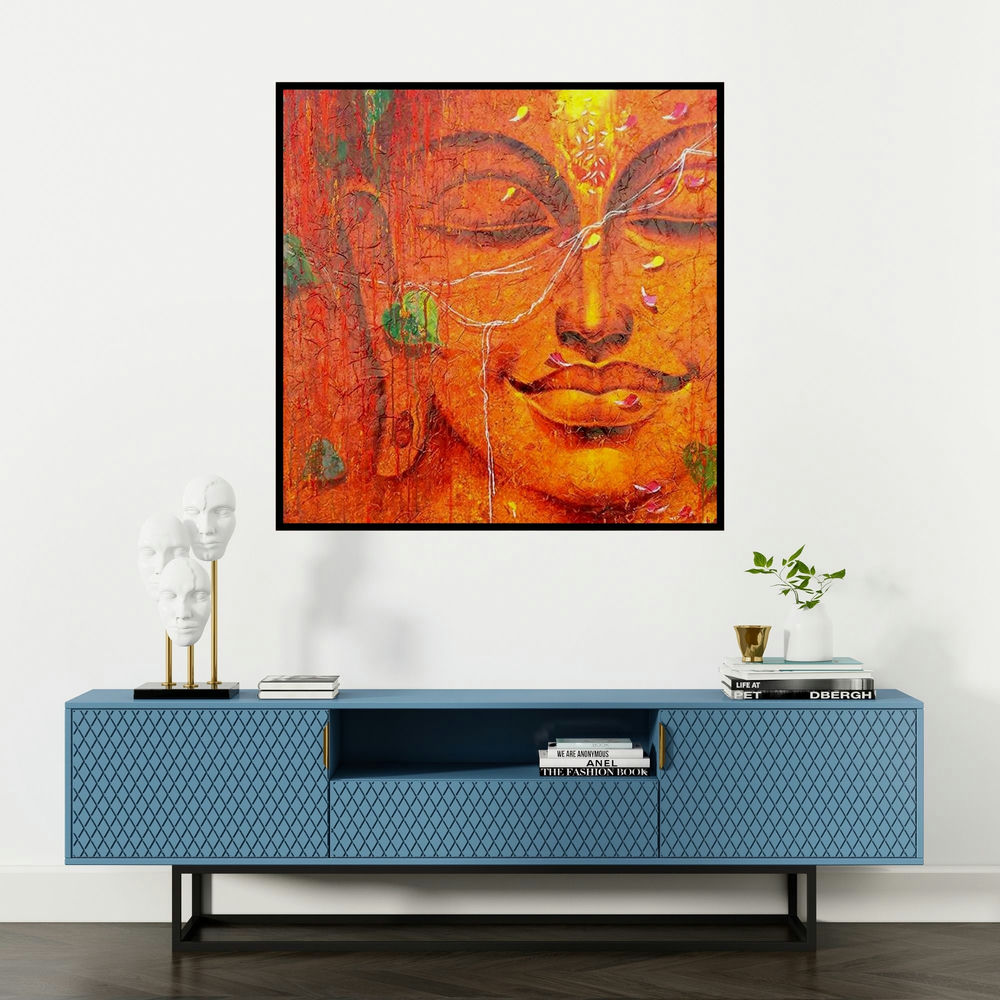 'Buddha 2' painting by Pradeep Kumar shown on a wall in a furnished room.