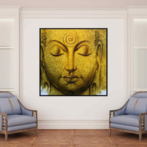 Preview of 'Buddha (Buddha Portrait in Gold Leaf)' Painting by Prince Chand shown on a wall in a furnished room.