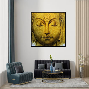 Prince Chand's painting 'Buddha (Buddha Portrait in Gold Leaf)' displayed in a modern living room setting