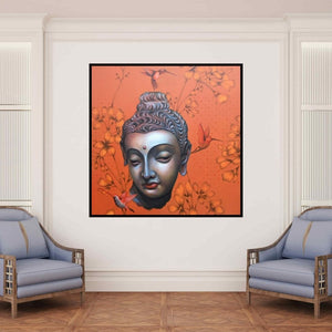 Sujit Karmakar's painting 'Buddha (Buddha with Hummingbirds)' displayed in a modern living room setting