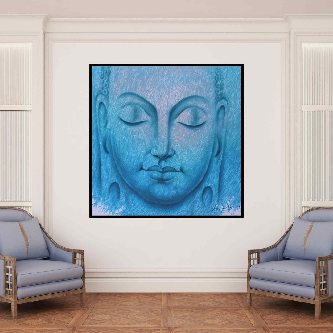 In-situ view of Prince Chand's 'Buddha 3 (Buddha Blue Serenity)' painting in a room