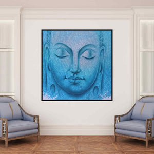 Prince Chand's painting 'Buddha 3 (Buddha Blue Serenity)' displayed in a modern living room setting