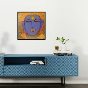 Preview of 'Buddha (Peaceful Serenity)' Painting by Sadaf Beg Khan shown on a wall in a furnished room.