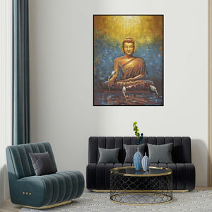 Kamal Rao's 'Buddha' painting visualized above a sofa in a contemporary room.