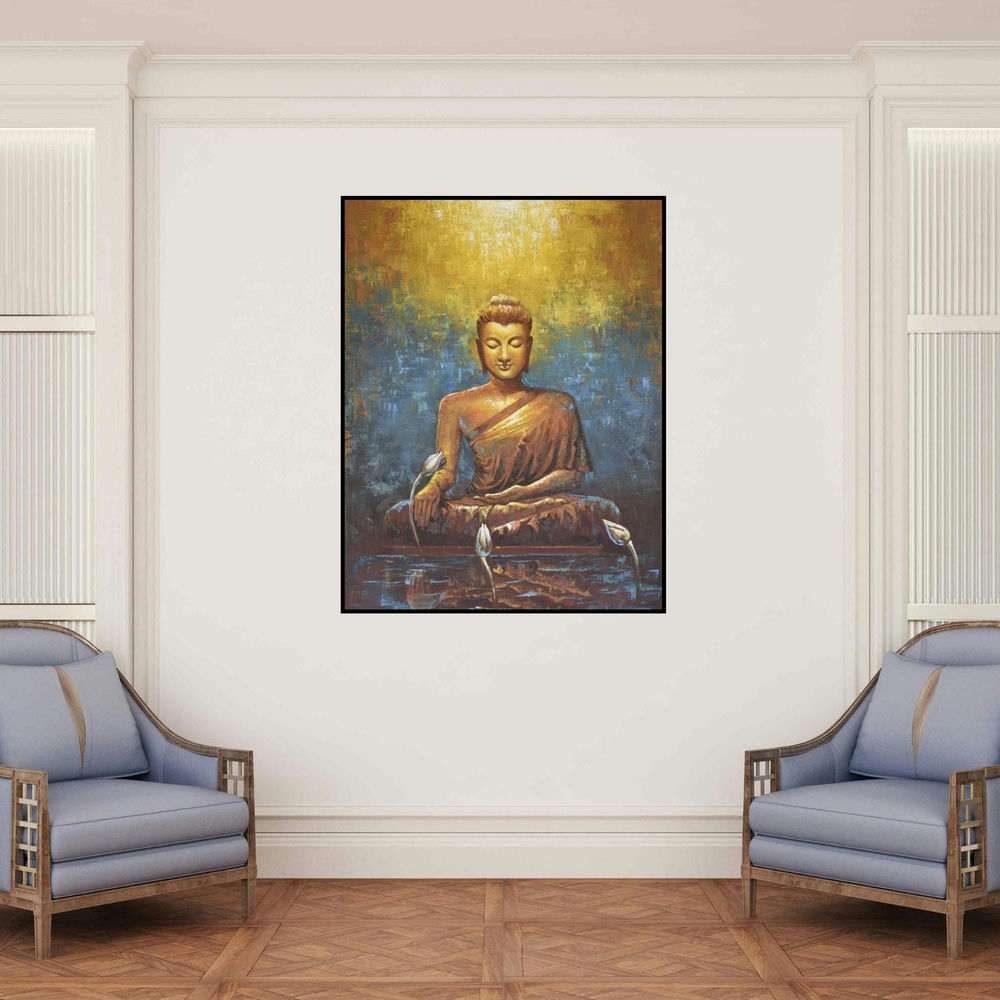 'Buddha' painting by Kamal Rao shown on a wall in a furnished room.