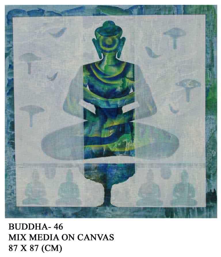 Motivational mixed media painting titled 'Buddha 46', 34x34 inches, by artist Anurag Jadia on Canvas