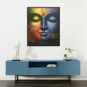 Pradeep Kumar's 'Buddha (Inner Peace, Divided Self)' painting visualized above a sofa in a contemporary room.