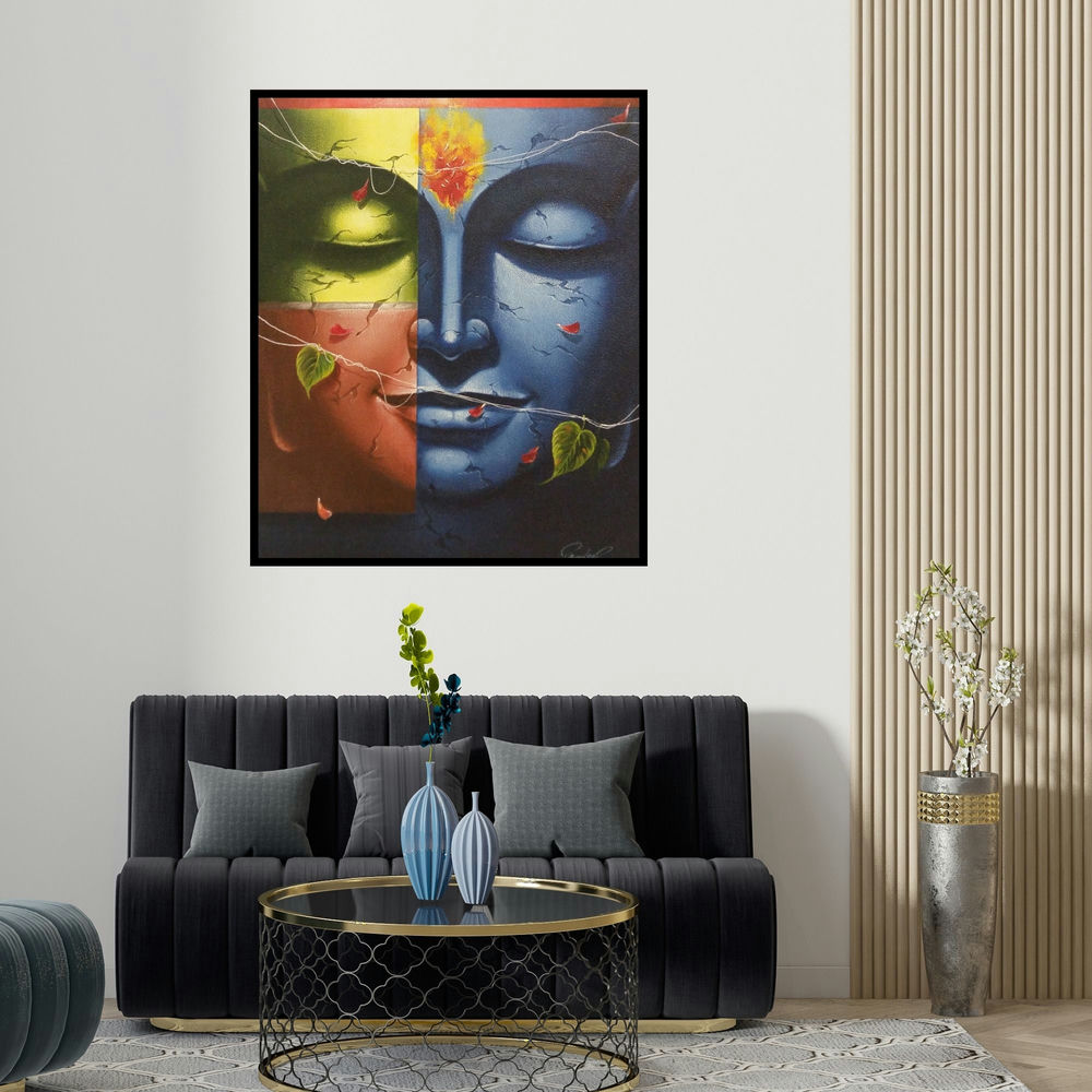 'Buddha (Inner Peace, Divided Self)' painting by Pradeep Kumar shown on a wall in a furnished room.