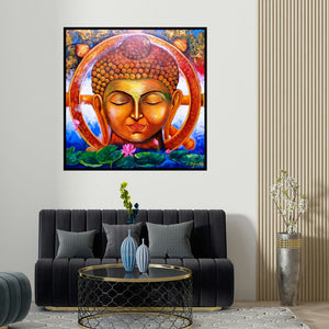 Arjun Das's 'Buddha' painting visualized above a sofa in a contemporary room.