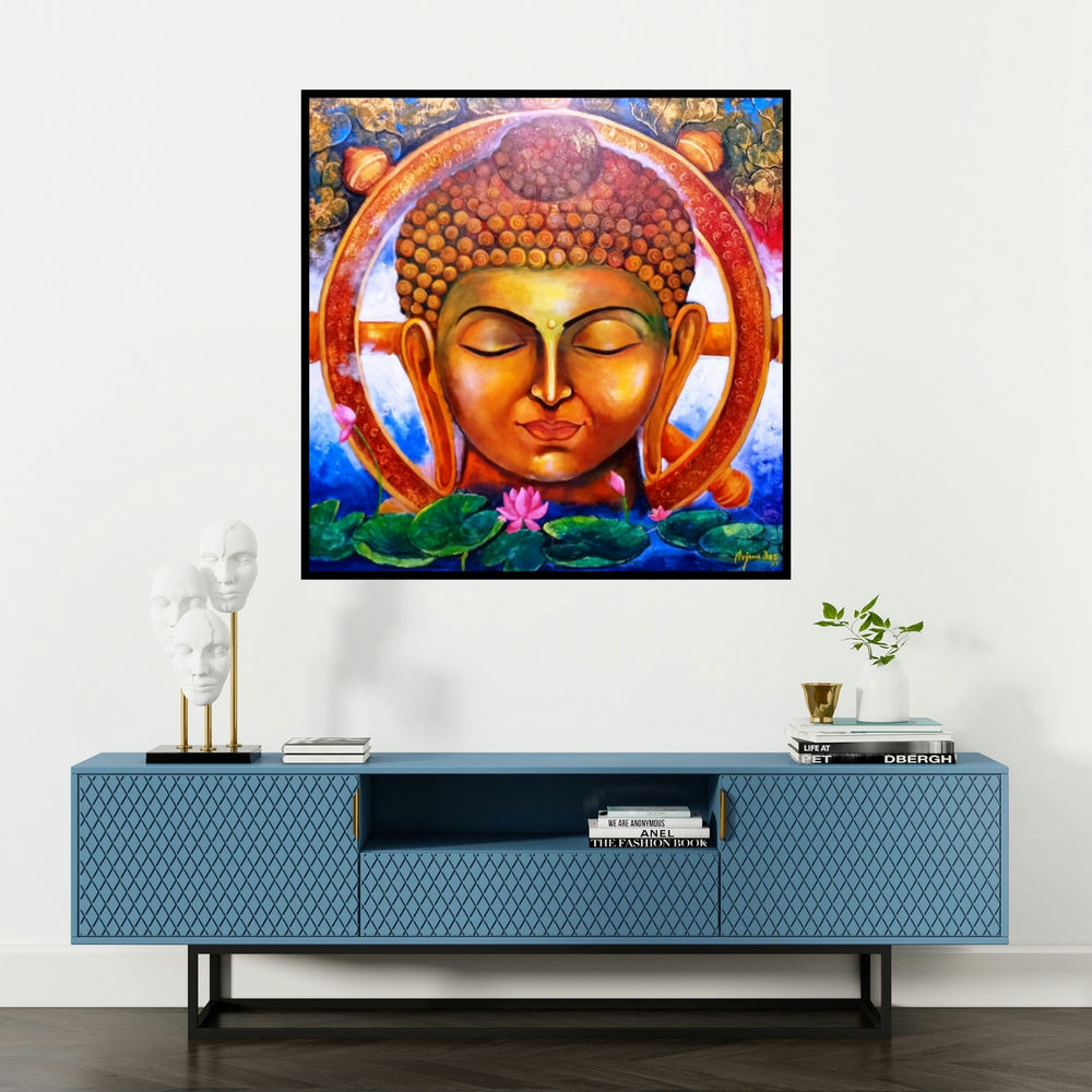 'Buddha' painting by Arjun Das shown on a wall in a furnished room.
