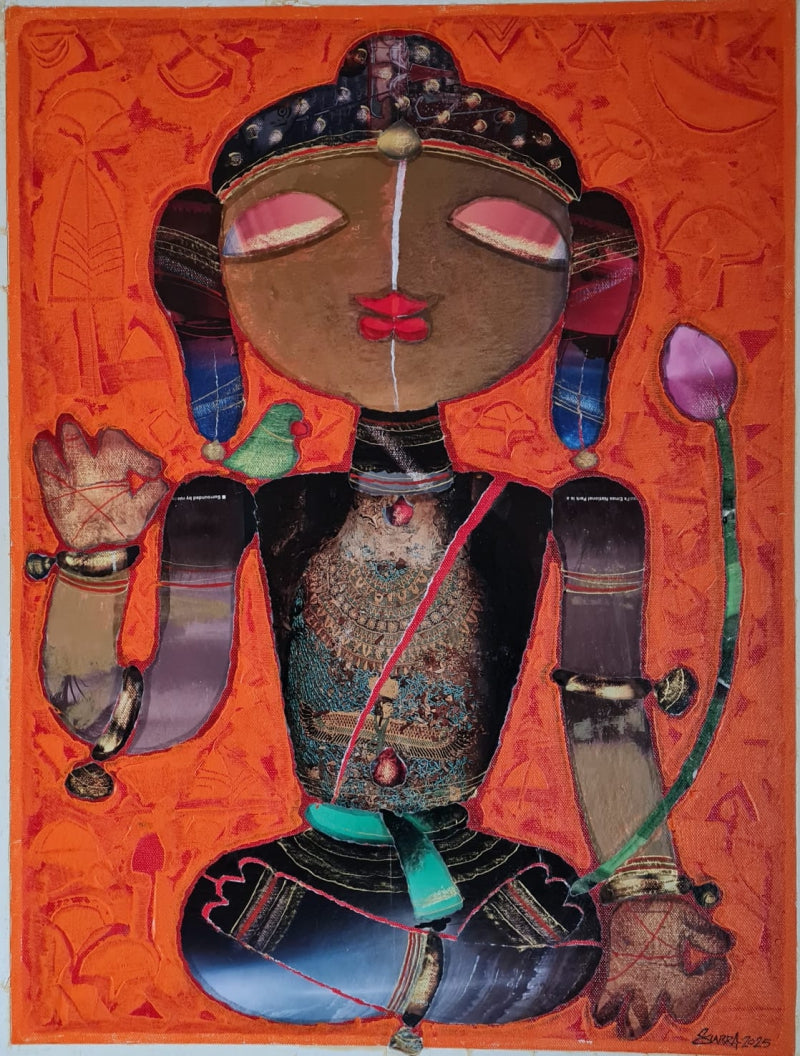 'Buddha' religious mixed-media painting by artist G Subramanian, 24x18 inch, on canvas