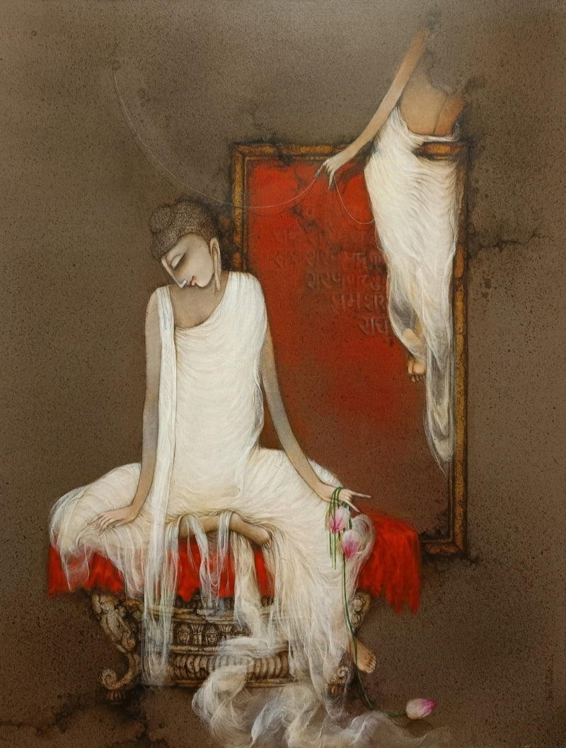 Buddha' religious acrylic painting by artist Mintu Mallick, 48x36 inch, on canvas