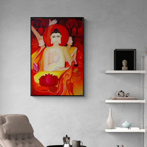 Preview of 'Buddha' Painting by Shuchi Khanna shown on a wall in a furnished room.