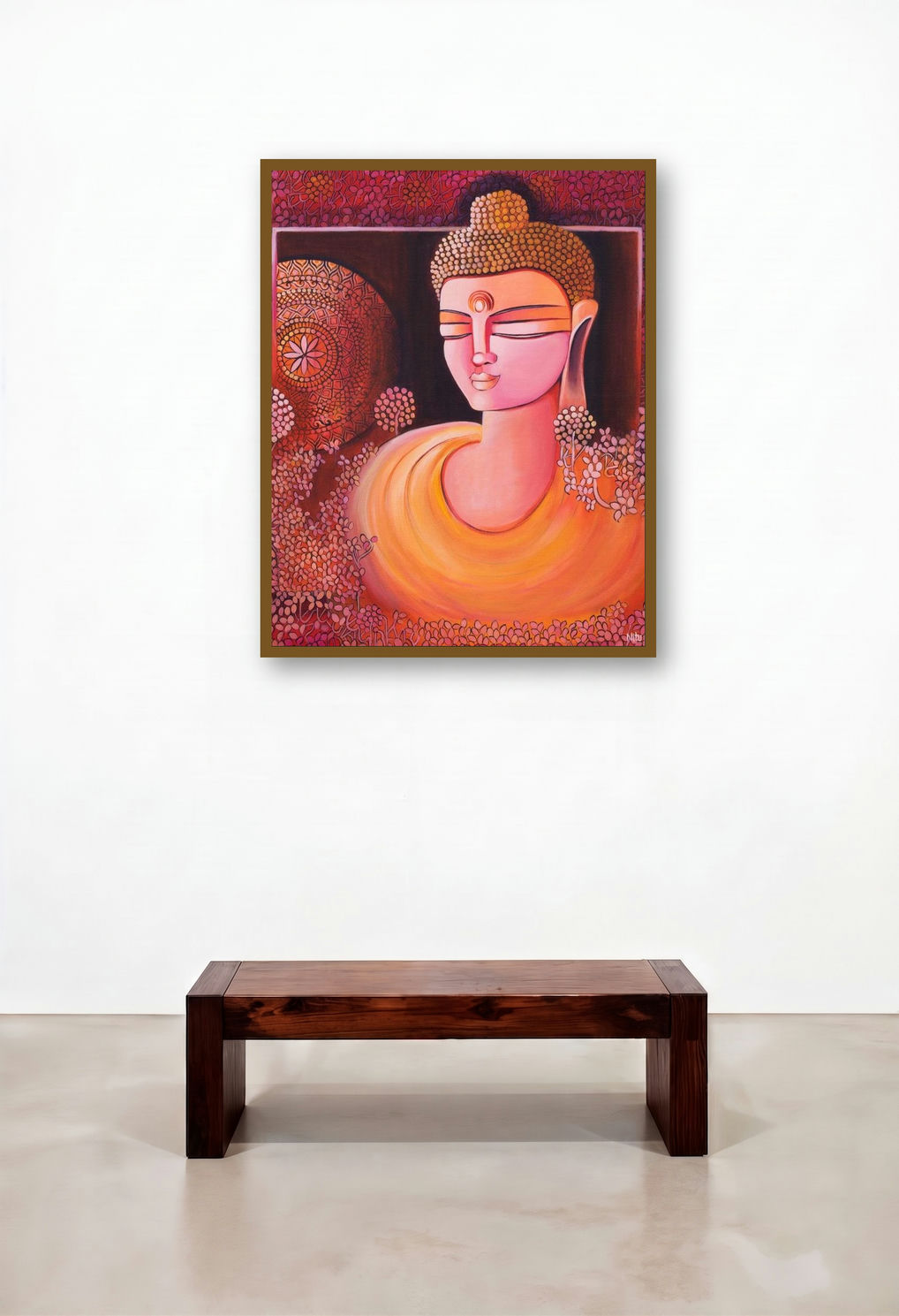 Buddha An Awakened Soul (Buddha's Enlightenment) by artist Nitu Chhajer displayed in a Art Deco Hallway