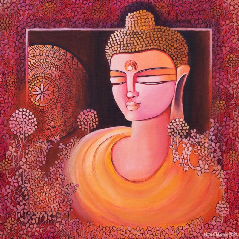 Figurative acrylic painting titled 'Buddha An Awakened Soul', 30x30 inches, by artist NITU CHHAJER on CANVAS