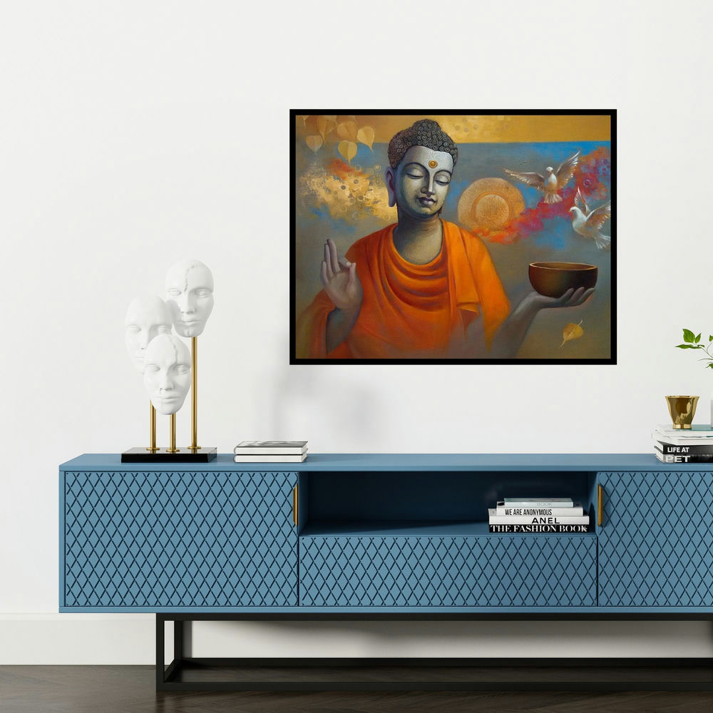 'Buddha Ananda' painting by Sanjay Lokhande shown on a wall in a furnished room.