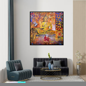 Preview of 'Buddha And Monk 10 (Eternal Embrace)' Painting by Arjun Das shown on a wall in a furnished room.