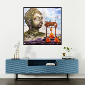 'Buddha And Monk 13 (Path to Enlightenment)' painting by Arjun Das shown on a wall in a furnished room.