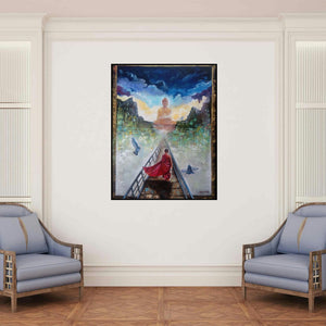 'Buddha And Monk 2' painting by Arjun Das shown on a wall in a furnished room.