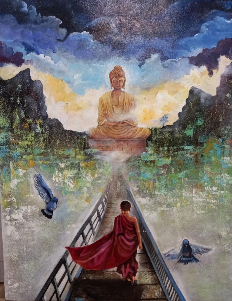 Religious acrylic painting titled 'Buddha And Monk', 40x30 inches, by artist Arjun Das on Canvas