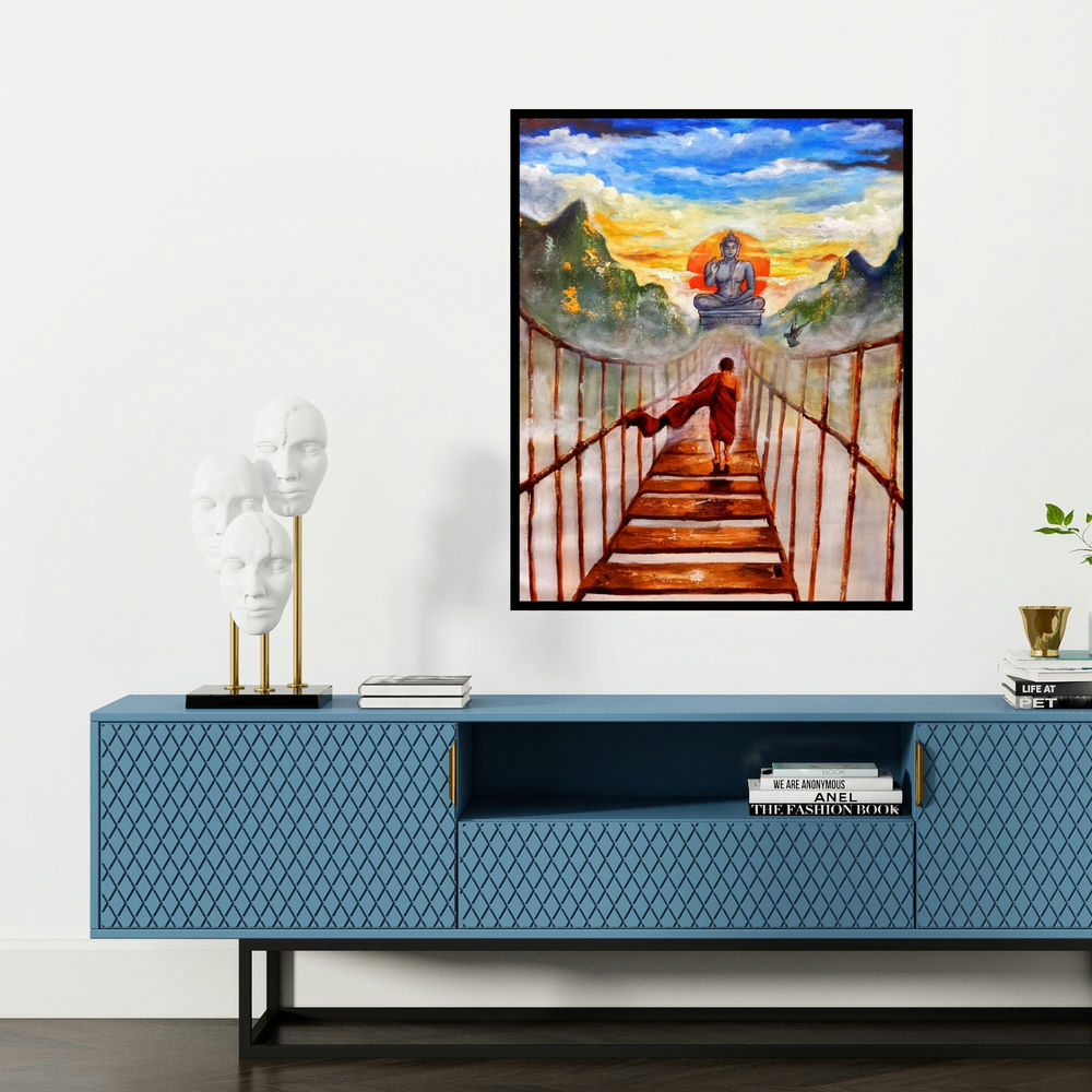 'Buddha And Monk Child (Seeking Enlightenment)' painting by Arjun Das shown on a wall in a furnished room.