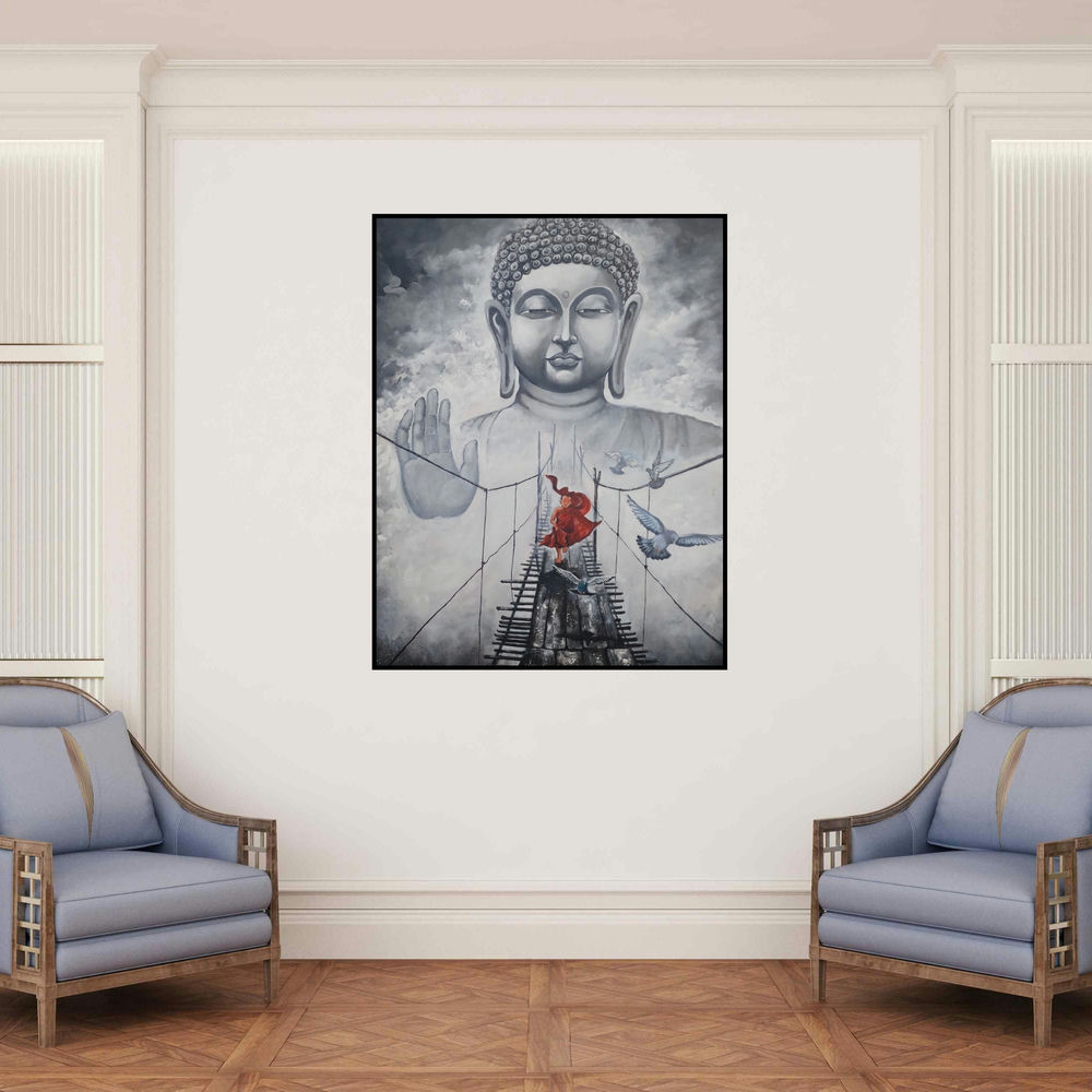 'Buddha And Monk Child 11 (Meditation on the Mountaintop)' painting by Arjun Das shown on a wall in a furnished room.