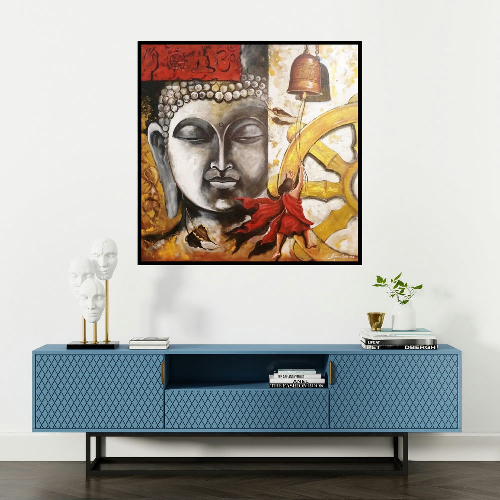 'Buddha And Monk Child 12 (Buddha and Monk Child)' painting by Arjun Das shown on a wall in a furnished room.