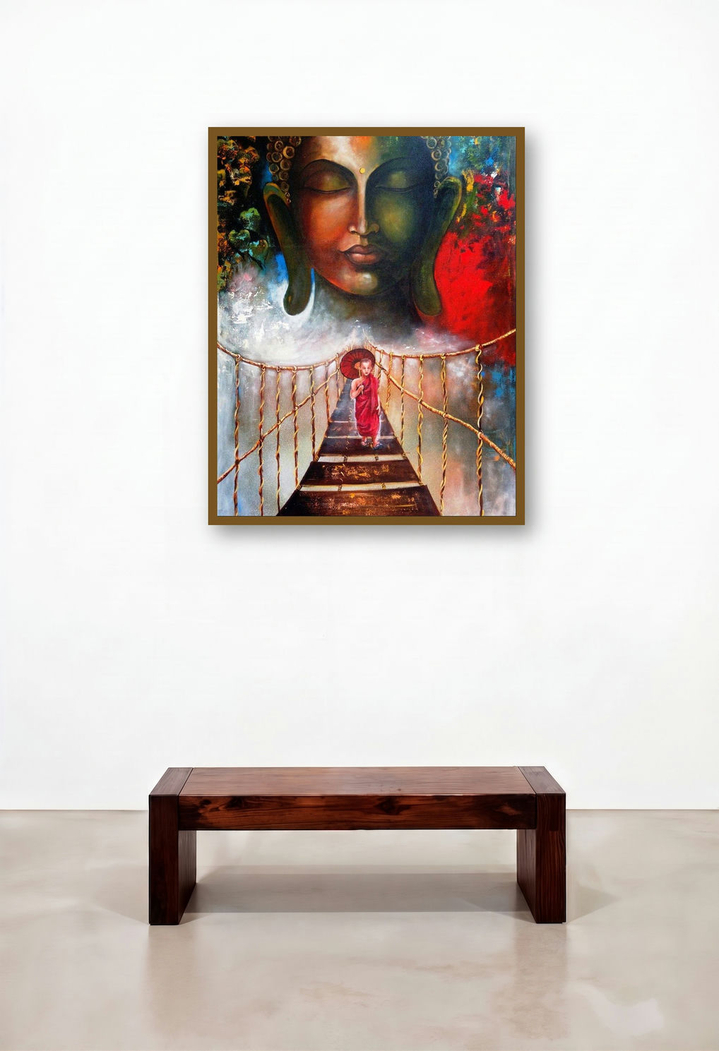 Buddha And Monk Child 3 by artist Arjun Das displayed in a Industrial Foyer