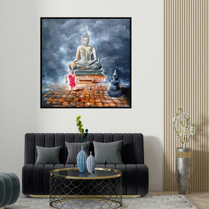 Arjun Das's 'Buddha And Monk Child' painting visualized above a sofa in a contemporary room.