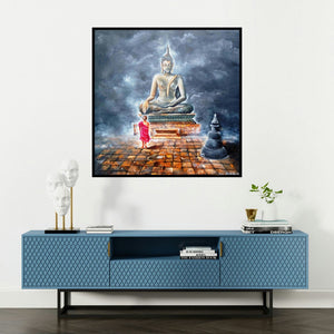 'Buddha And Monk Child' painting by Arjun Das shown on a wall in a furnished room.
