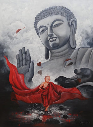 Religious acrylic painting titled 'Buddha And Monk10', 48x36 inches, by artist Arjun Das on Canvas