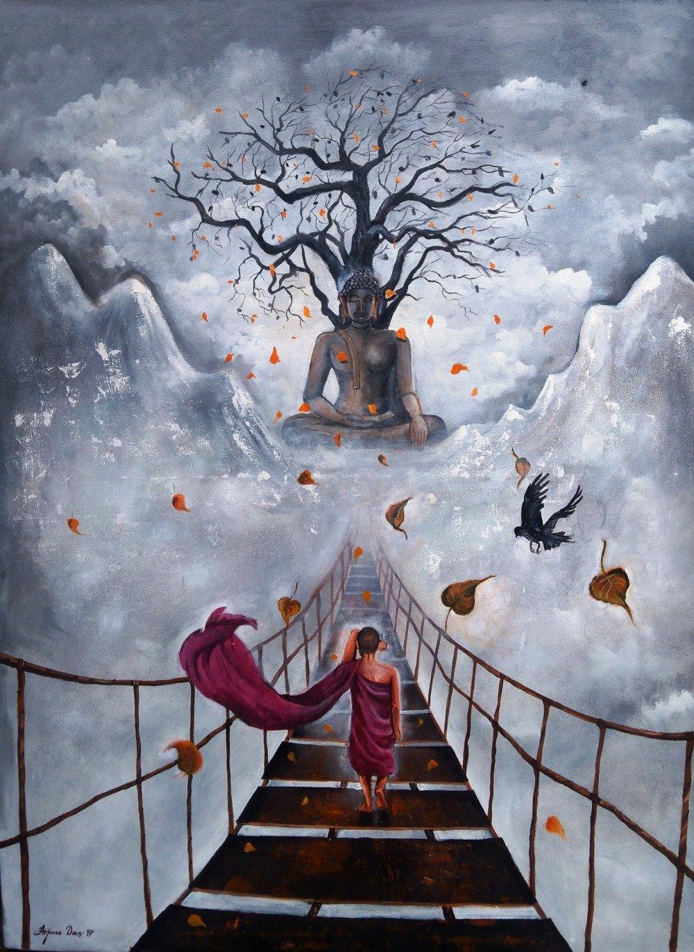 Figurative acrylic painting titled 'Buddha And Monk5', 37x48 inches, by artist Arjun Das on Canvas