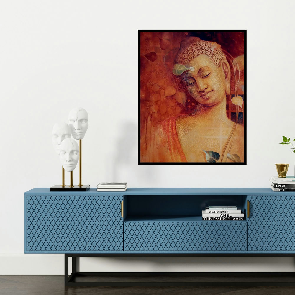 'Buddha Bhavana (Inner Peace)' painting by Sanjay Lokhande shown on a wall in a furnished room.