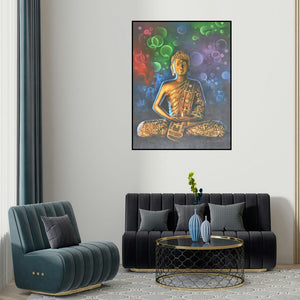 Kamal Rao's 'Buddha Bronze (Buddha Cosmic Meditation)' painting visualized above a sofa in a contemporary room.