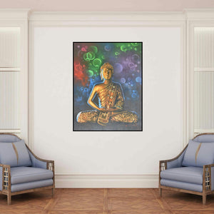 'Buddha Bronze (Buddha Cosmic Meditation)' painting by Kamal Rao shown on a wall in a furnished room.