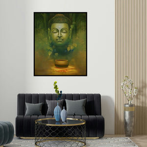 'Buddha Dhyana' painting by Sanjay Lokhande shown on a wall in a furnished room.