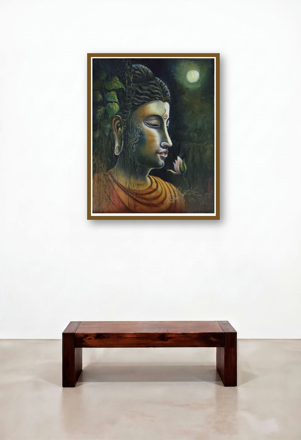 Buddha Enlightened (The Lotus and the Moon) by artist Barnali Ray displayed in a Rustic Hotel Lobby