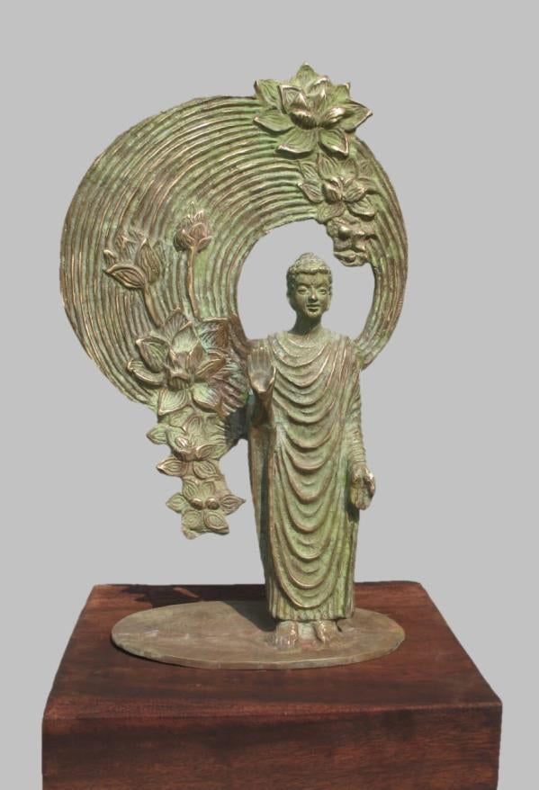 'Buddha With Flowers Form' religious Brass, Metal sculpture by artist Rohan Sonavane, 20x10 inch, on brass, metal