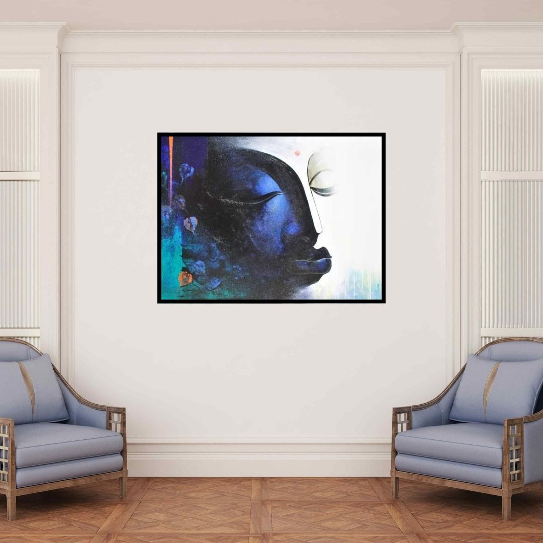 In-situ view of Narayan Shelke's 'Buddha I (Serene Contemplation: Buddhas Inner Peace)' painting in a room