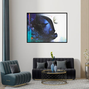 Preview of 'Buddha I (Serene Contemplation: Buddhas Inner Peace)' Painting by Narayan Shelke shown on a wall in a furnished room.
