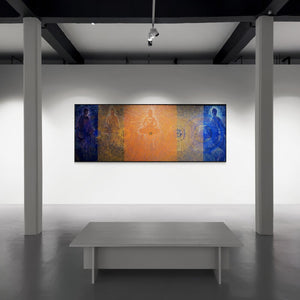 Ghanshyam Gupta's painting 'Buddha Life (Chakra Meditation)' displayed in a modern living room setting