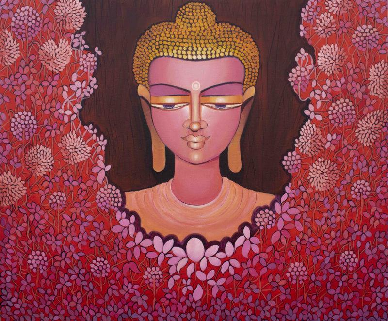 Religious acrylic painting titled 'Buddha Live Your Truth', 30x36 inches, by artist NITU CHHAJER on CANVAS