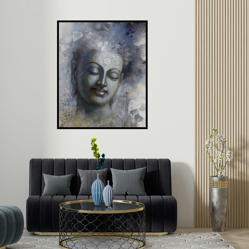 'Buddha Mindfulness' painting by Sanjay Lokhande shown on a wall in a furnished room.