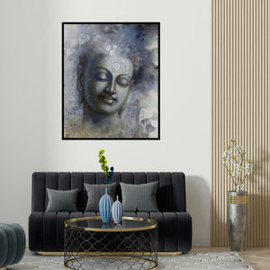 'Buddha Mindfulness' painting by Sanjay Lokhande shown on a wall in a furnished room.