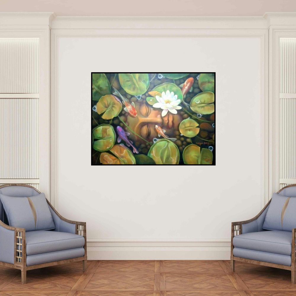 'Buddha With Nature (Serenity in the Lotus Pond)' painting by Shyamsundar Achary shown on a wall in a furnished room.