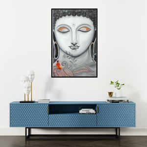 Preview of 'Buddha Painting (Enlightened Buddha)' Painting by Ganesh Badiger shown on a wall in a furnished room.