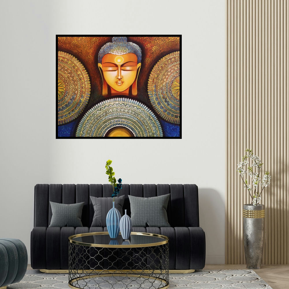 'Buddha Peace Begins With Acceptance' painting by Nitu Chhajer shown on a wall in a furnished room.