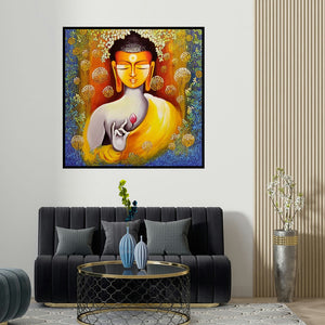 Nitu Chhajer's 'Buddha Peace Begins With Self Love Ser' painting visualized above a sofa in a contemporary room.